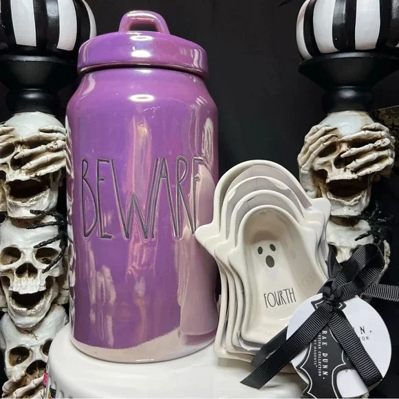Rae Dunn Halloween 2024 Purple Luster Beware Canister & Ghost Measuring Cups - Picture 2 of 15